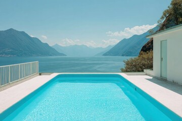 A serene, azure swimming pool overlooks a tranquil lake and majestic mountains, bathed in bright sunlight.
