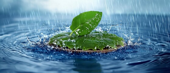 Rain Drops Falling on Green Leaf in Water