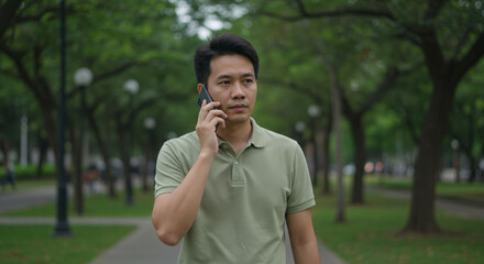 Focused man walking in park while talking on smartphone, surrounded by lush green trees and serene environment, reflecting modern digital nomads lifestyle balancing career and productivity