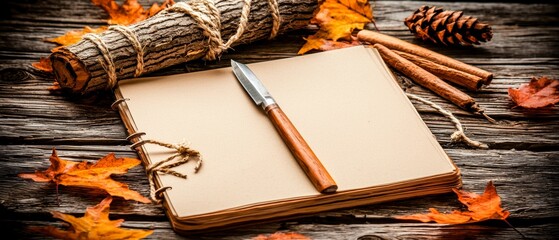 Blank Journal with Autumnal Elements on Rustic Wood