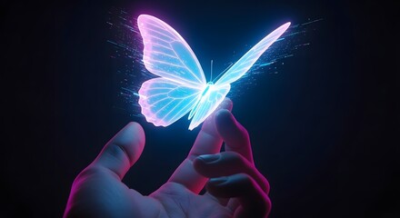 Captivating glowing butterfly lands gently on a fingertip, symbolizing transformation and wonder in a vibrant, ethereal digital realm.