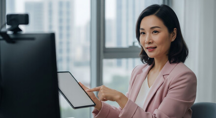 Professional woman in modern office setting demonstrates digital tablet during video call, showcasing productive digital nomads lifestyle and career focus