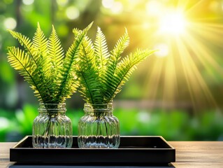 Fern Plants in Glass Jars on Tray at Sunset