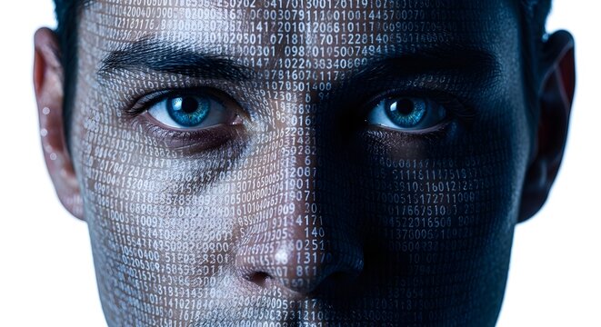 Intelligent human face with glowing digital code overlay symbolizing AI, data, and future technology concepts