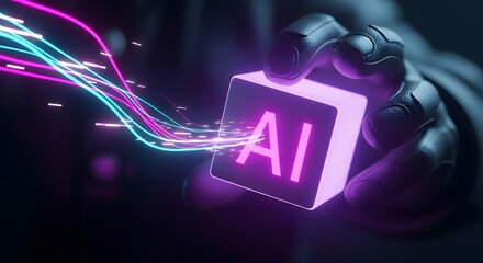 Futuristic hand grasps glowing AI cube with vibrant neon data streams flowing dynamically, representing innovation and digital transformation.