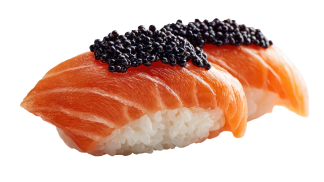 a salmon nigiri sushi with black caviar on top isolated on white background