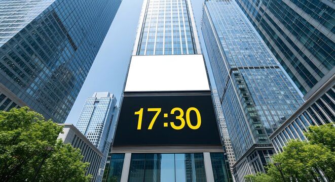 Modern urban cityscape featuring towering glass skyscrapers and a prominent digital billboard displaying the time 17:30, perfect for business and city life themes.