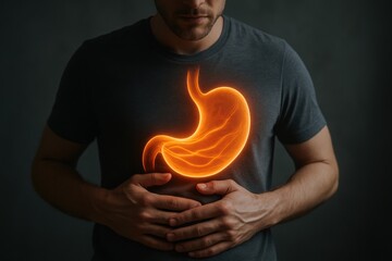 Metabolism support vitamin. A man with glowing stomach graphic on his shirt symbolizes digestive health.