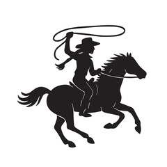 Silhouette vector of woman riding horse dressed as cowboy, abstract black and white artwork, surrounded by strong black outline, perfect for graphic projects.