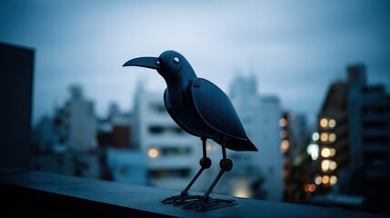 Artistic crow sculpture perched on a ledge against cityscape background