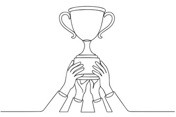 A vector continuous line illustration of multiple hands raising a trophy, monochrome black and white concept, outlined strongly in thick black.