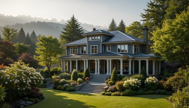 Two story luxury house with beautiful summer landscape in Vancouver, Canada, North America. Day time on August 2025