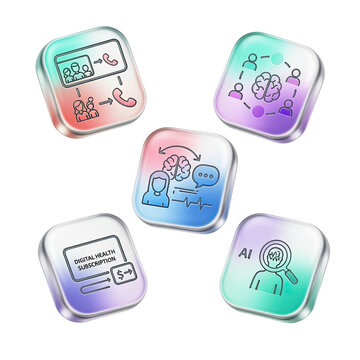 Modern icons showcase AI digital health and telemedicine solutions for innovative healthcare access and improved patient outcomes, featuring vibrant designs icon set