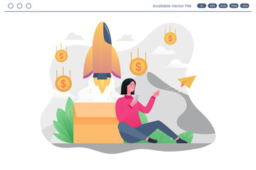 Woman using phone by rocket launching from box with falling coins