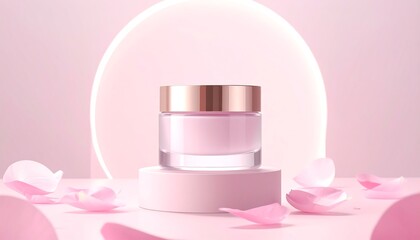 Elegant Pink Skincare Cream Jar with Rose Petals on a Soft Pink Background