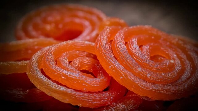 Close up view of sweet orange spiral jalebi dessert delicacy.