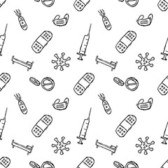 seamless medicine pattern. Doodle background with medicine icons