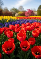 Vibrant Floral Symphony: A tapestry of tulips and other blooms under a serene sky creating a beautiful display