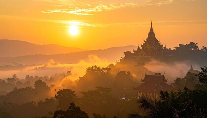 Stunning Golden Pagoda Silhouetted Against a Vibrant Sunrise Landscape in a Mystical Hazy Morning Setting with Layers of Mountains and Lush Trees