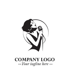 Black and White Woman Singing Logo Symbol in Minimalist Elegant Vector Design for Music and Performance