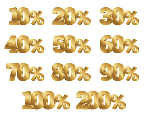 Numbers percent 10%, 20%, 30%, 40%, 50%, 60%, 70%, 80%, 90%, 100%, 200% gold for discount, sale, promotion, coupon, grand opening, bonus, gift, voucher, logo, badge, label, symbol, vector isolated.
