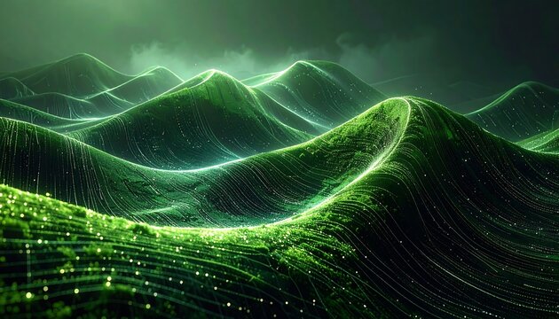 Abstract green landscape of rolling hills with lines and dots