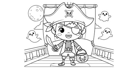 Cute Pirate Boy on Simple Ship with Pumpkin Bucket Line Art
