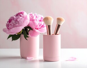 Pink peony bouquet with makeup brushes in holders