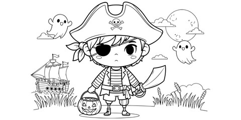 Inclusive Halloween Coloring Page with Disabled Child Pirate