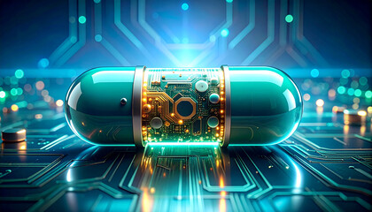 Innovation in a Pill: A futuristic, luminescent pill with an intricate circuit board core rests upon a vibrant, high-tech circuit board, representing the fusion of medicine and technology. 
