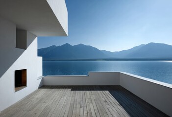 A modern balcony with a serene lake and mountain view, showcasing a minimalist architectural design.