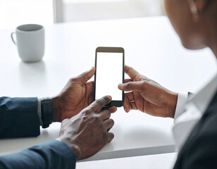 Two People Discussing App on Smartphone Mockup Together