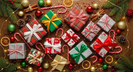 Colorful Christmas Gifts with Decorations on Brown Background