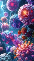 Microscopic illustration of various colorful spheres and structures