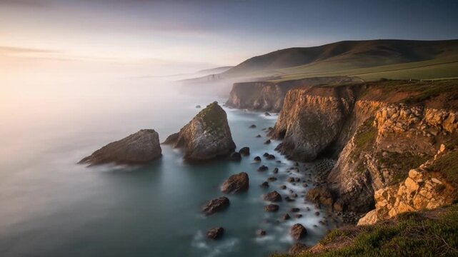 Serene Long Exposure of Coastal Cliffs and Sea Stacks at Dawn
