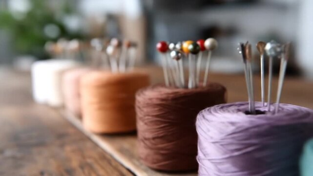 Colorful spools of thread with pins macro close up
