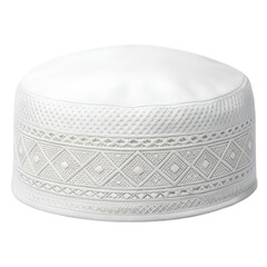 White embroidered kufi cap with geometric patterns on a white background islamic muslim