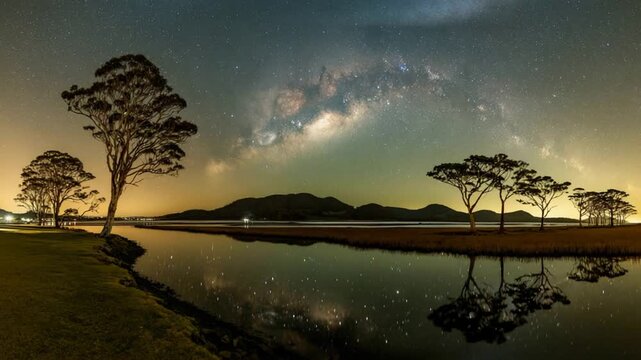 Majestic Milky Way Arches Over Silhouetted Trees and Tranquil Water Reflection.