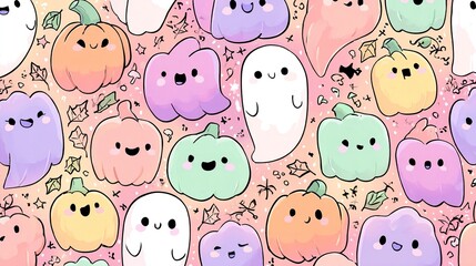 Obraz premium Cute Pastel Halloween Ghosts and Pumpkins with Smiley Faces 