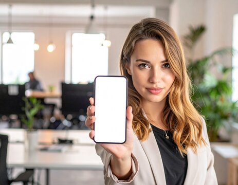Confident businesswoman holding a smartphone with a blank screen in a modern office setting, ready to present digital content