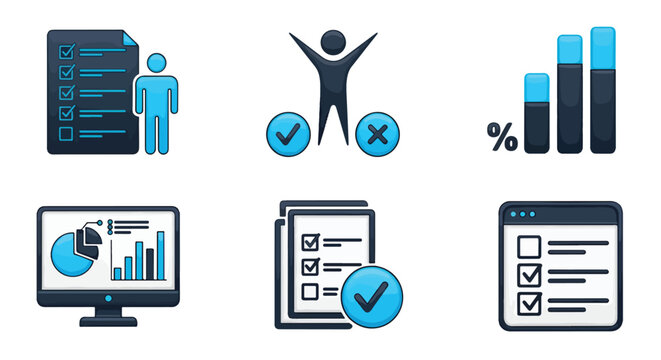 Collection of business and data analysis icons featuring charts and checklists - Line and glyph solid icon and logo templete
