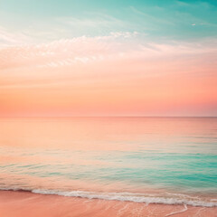 Vibrant pastel sunset seascape featuring a mesmerizing coral sky blending into turquoise ocean water and pink sand