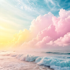 Vibrant seascape at sunset with enormous pink and yellow clouds reflecting light over the gentle turquoise ocean waves