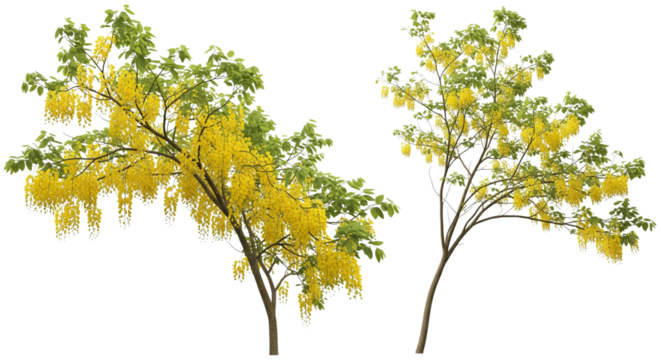 Yellow Flowering Cassia Tree Collection isolated on transparent background