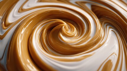 Abstract swirling caramel and cream background with glossy texture forming smooth curves creating a delicious fluid pattern