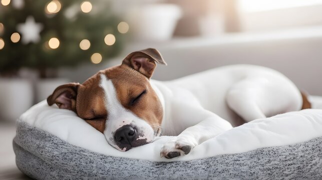 Peaceful Puppy Napping in Cozy Bed with Festive Christmas Tree Lights