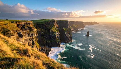 Scenic Cliffs of Moher at Golden Hour in Ireland Coastal Landscape with Dramatic Rock Formations and Sea Spray Under Cloudy Sky Basking in Warm Light