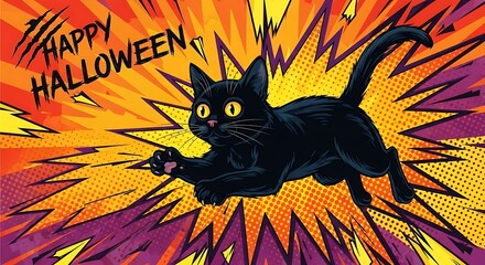 Spooky black cat leaping across a Halloween comic book backdrop with vibrant colors, perfect for holiday promotions and festive designs