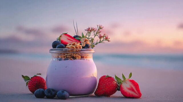 Refreshing Berry Yogurt Parfait on a Serene Beach at Sunset.
