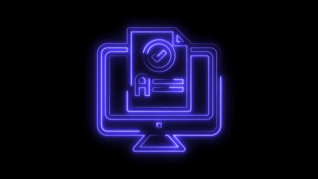 Neon monitor displaying online grade assessment with checkmark on black background